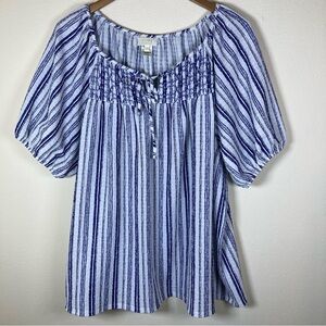 SHOL Los Angeles Blue White Stripe Smocked Peasant Top 3X